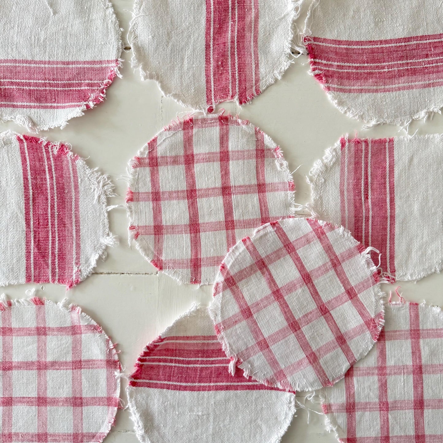 French Antique Linen, Crafting, Faded Rasberry & White Stripe / Check