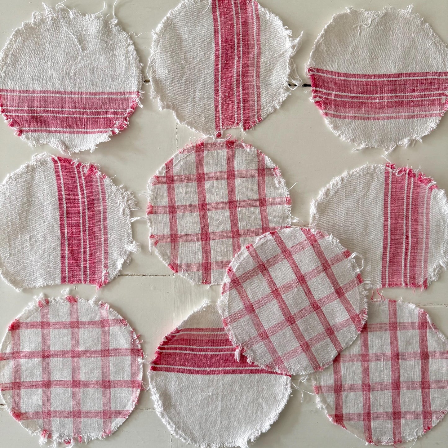 French Antique Linen, Crafting, Faded Rasberry & White Stripe / Check