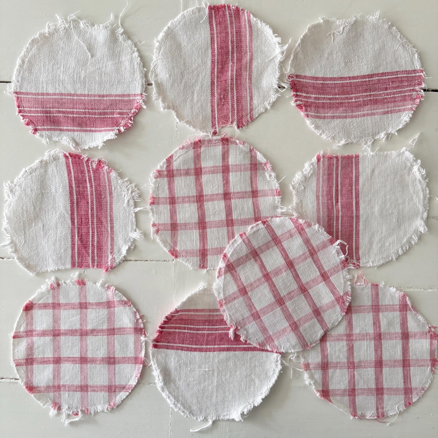 French Antique Linen, Crafting, Faded Rasberry & White Stripe / Check