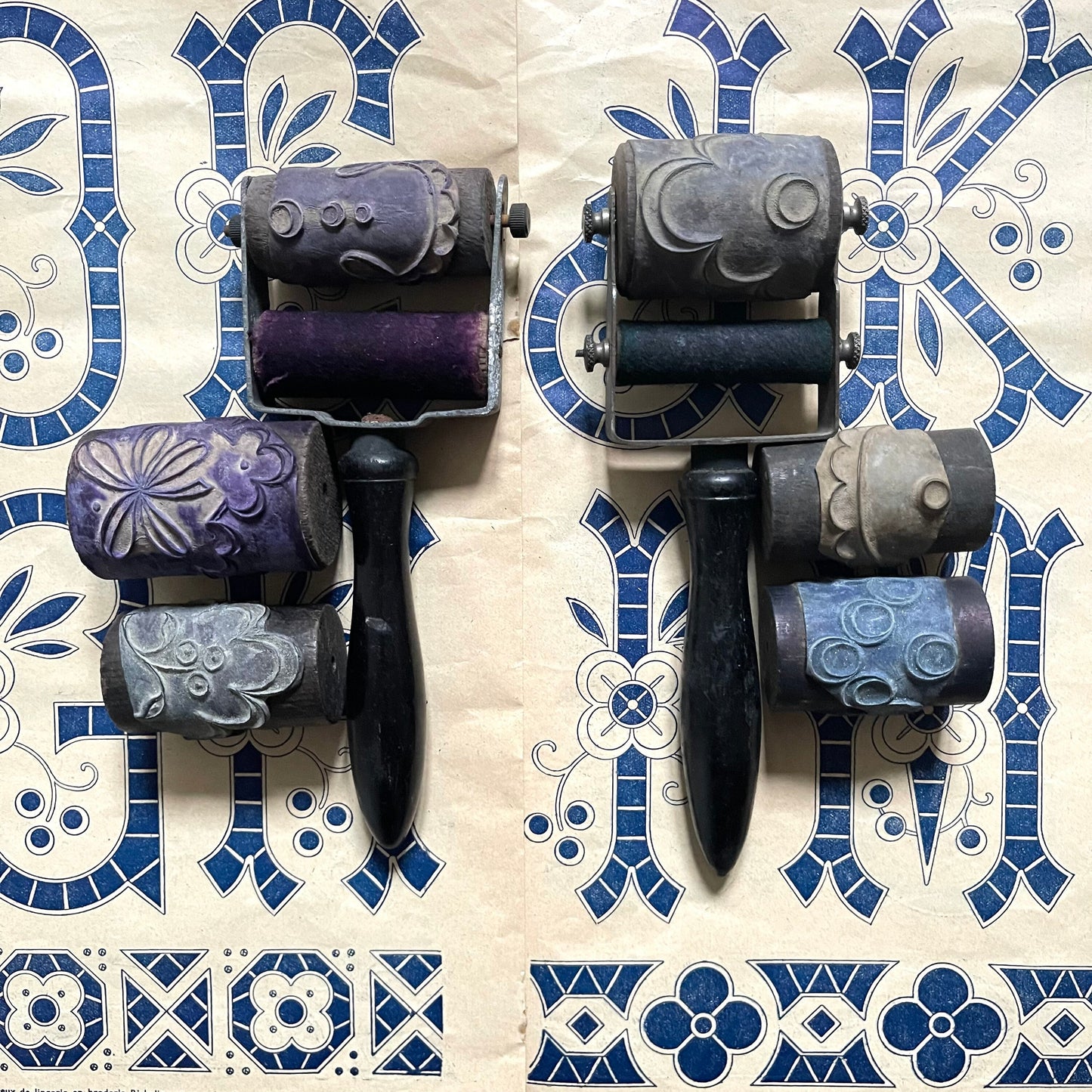 XL French Antique Embroidery Roller Stamp with Handle & 2 Extra Barrels