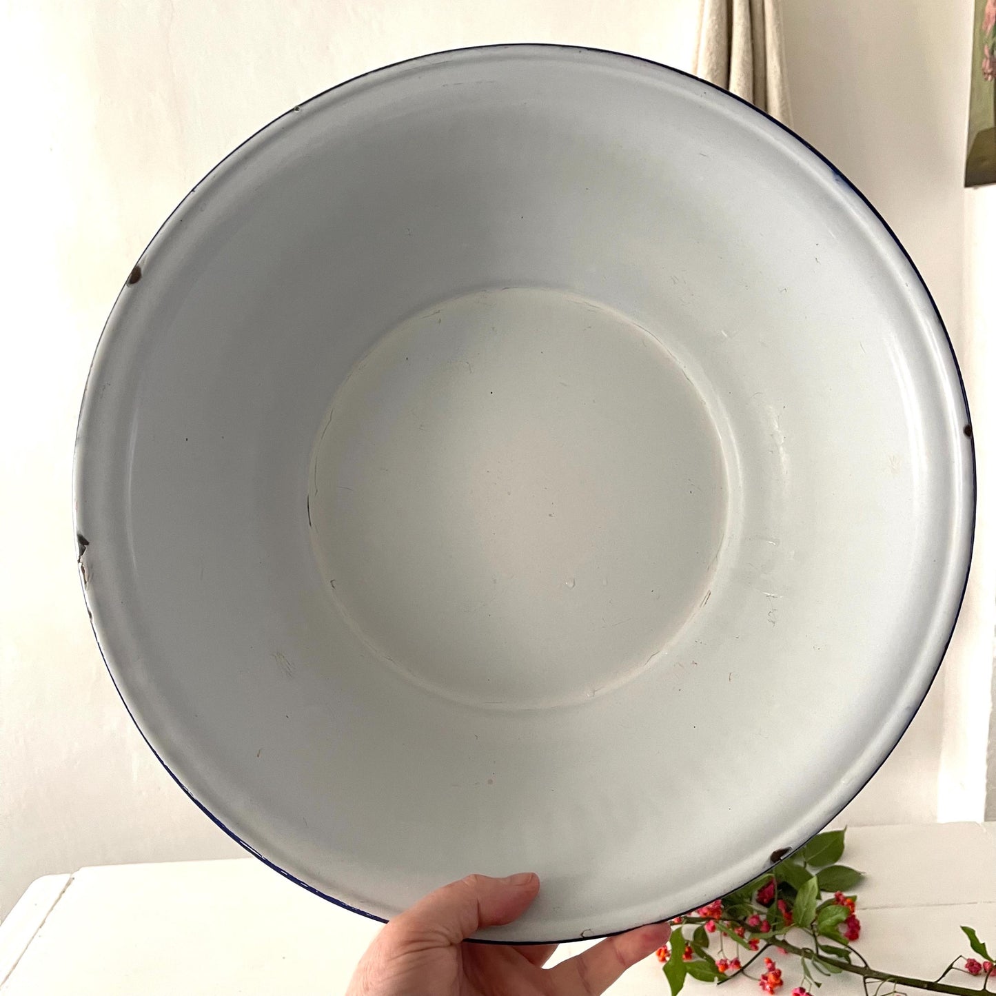 Set French Vintage Enamel Washing Up Bowl, Wash Bowl, Planter, Basin, Linen Torchon & Mop