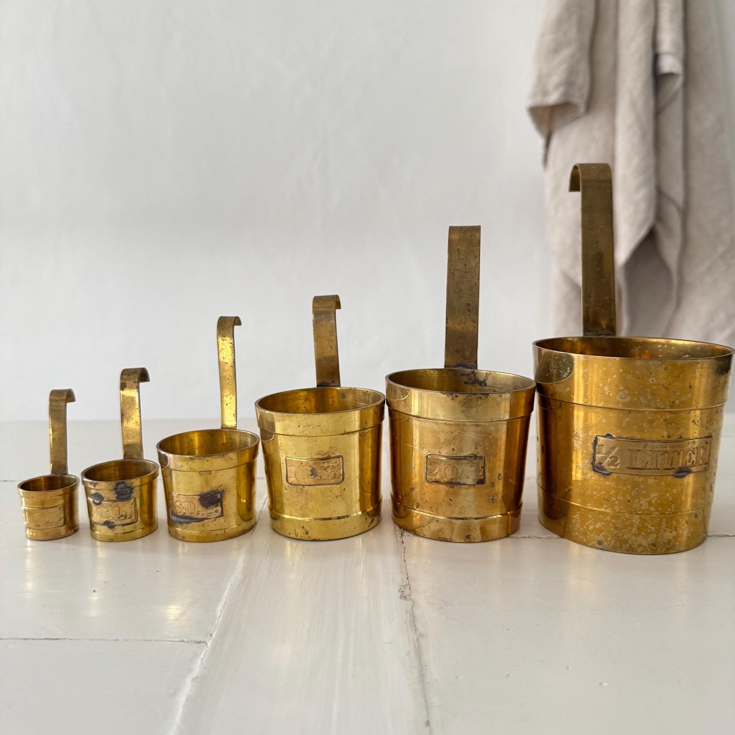 Set of 6 French Antique Brass Measuring Pots