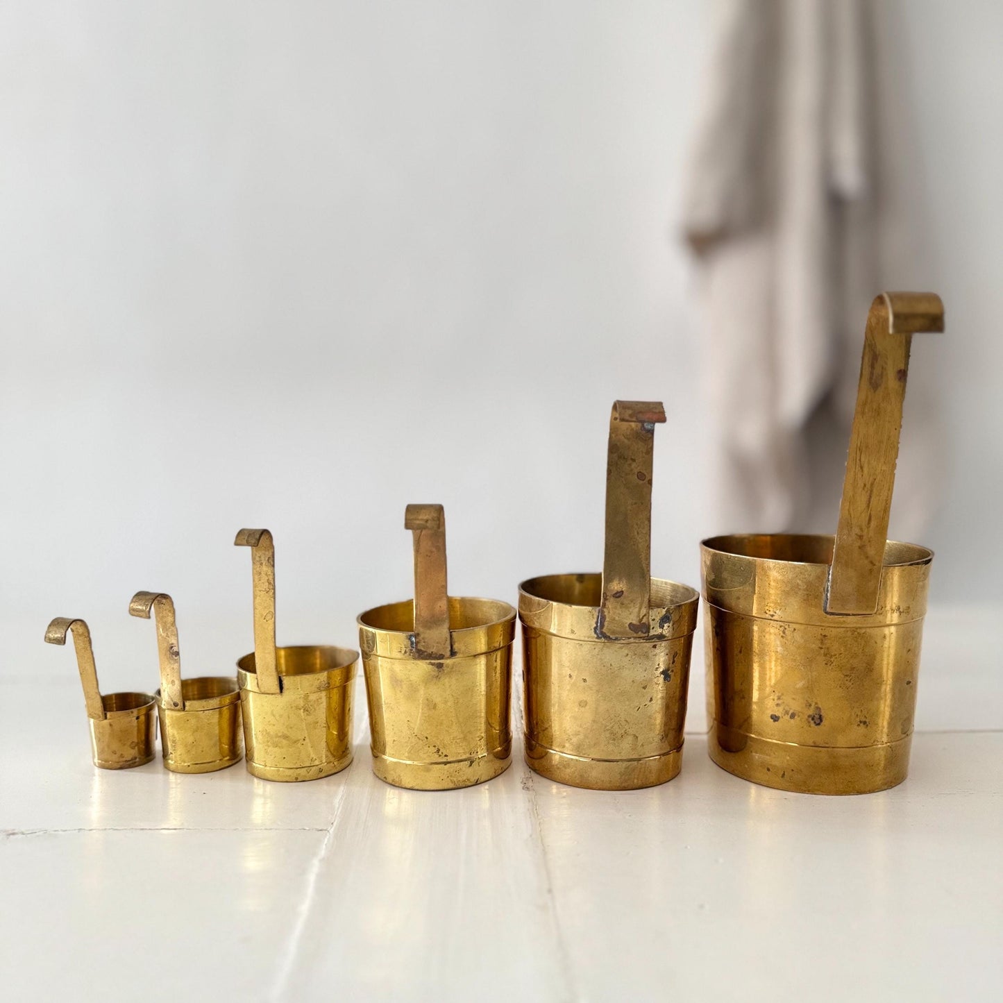 Set of 6 French Antique Brass Measuring Pots