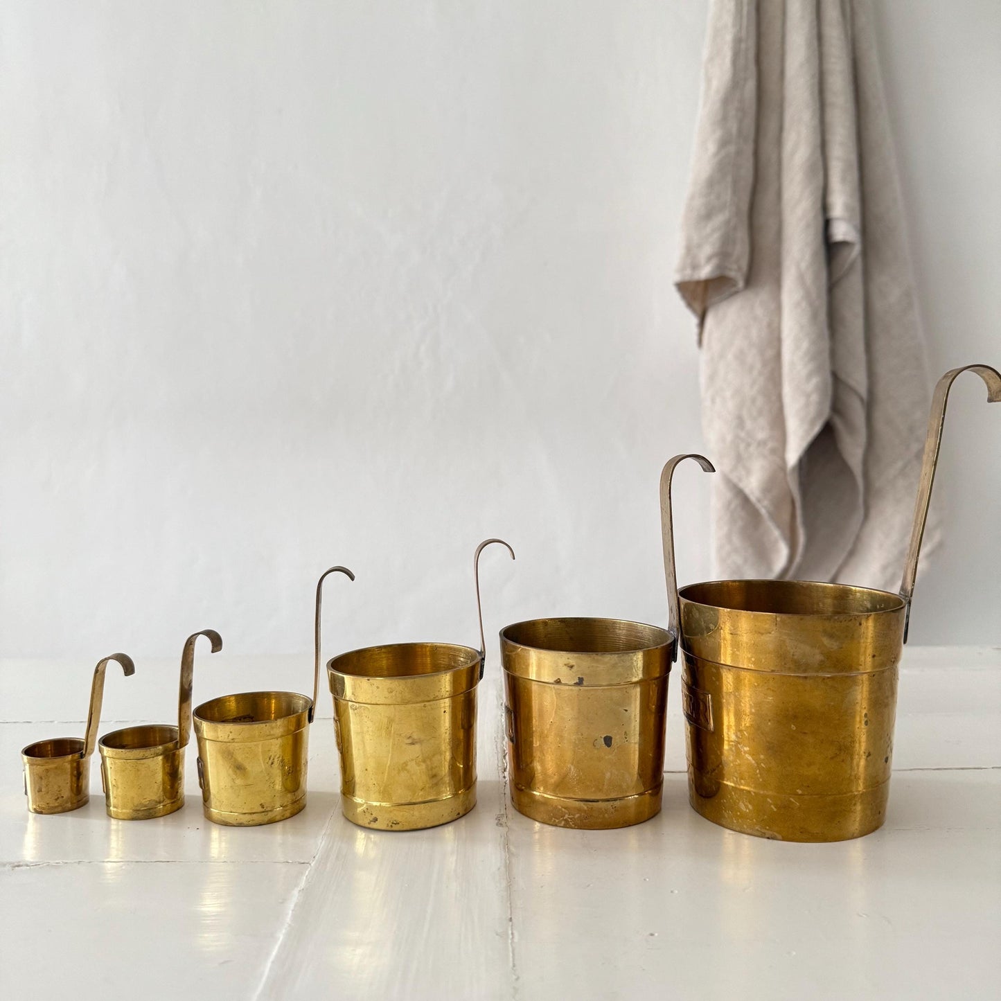Set of 6 French Antique Brass Measuring Pots