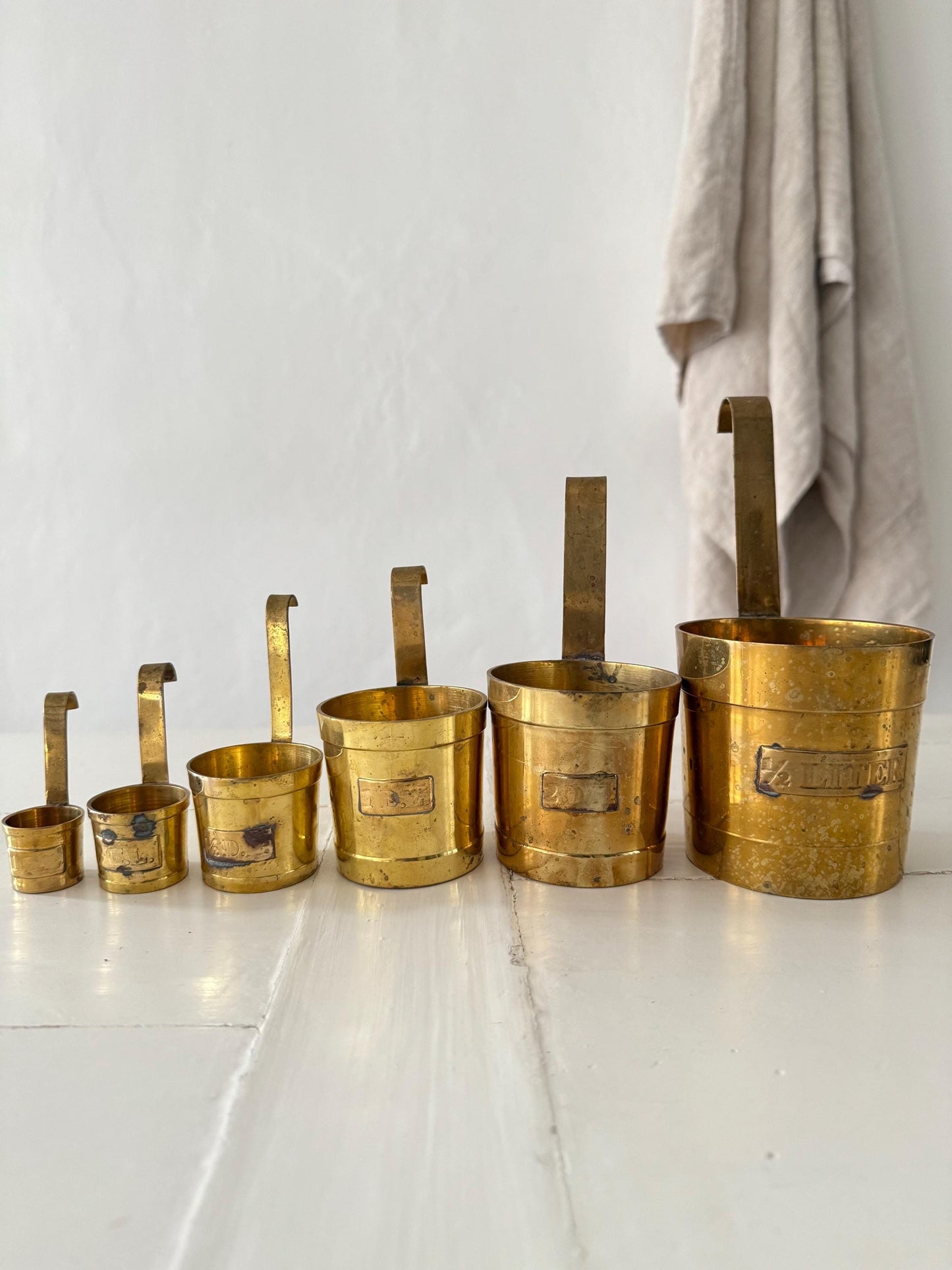 Set of 6 French Antique Brass Measuring Pots