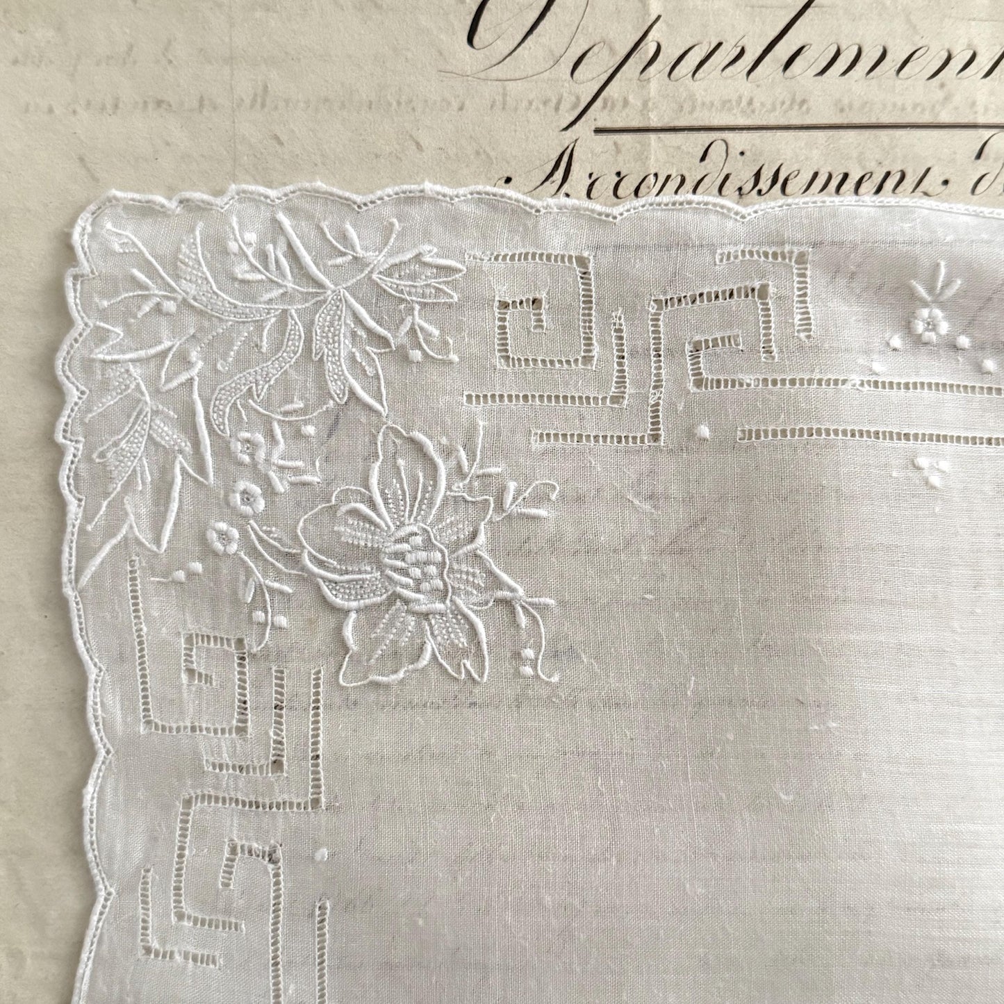 French Antique Handmade Bridal Handkerchief