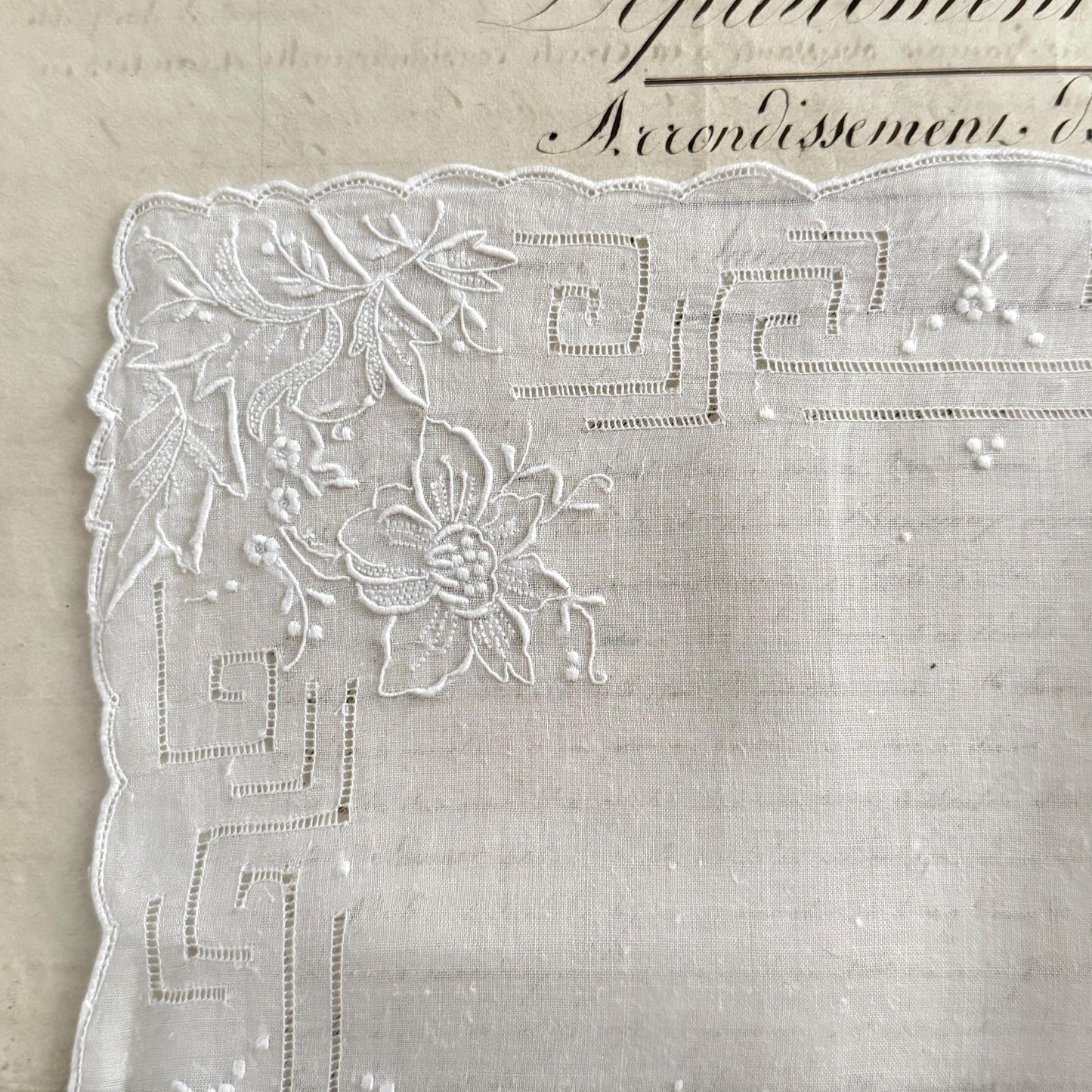 French Antique Handmade Bridal Handkerchief
