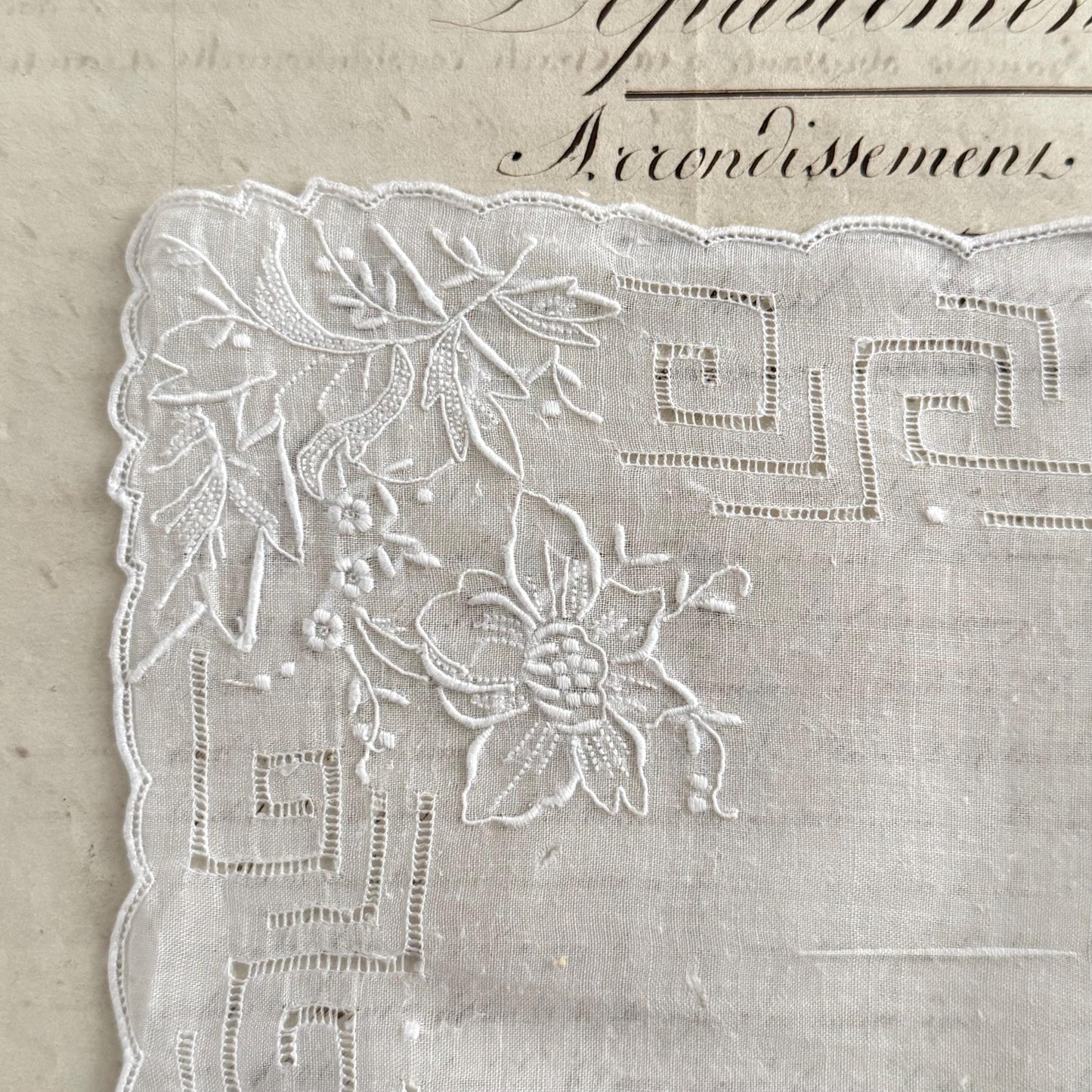 French Antique Handmade Bridal Handkerchief