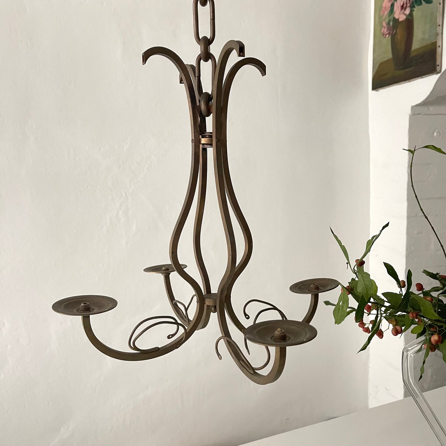 French Vintage 'Bare Bones' Brass Lustre, Chandelier... 4 Branch