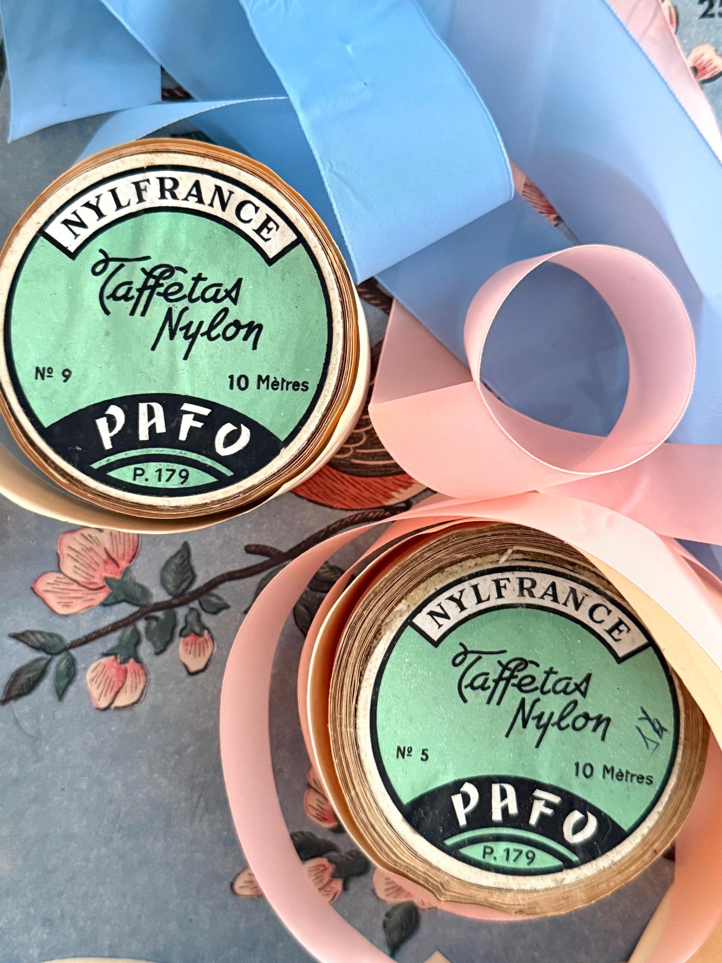 Pair French Vintage Ribbon-Spools, - Crafting, Gift Wrap, New baby
