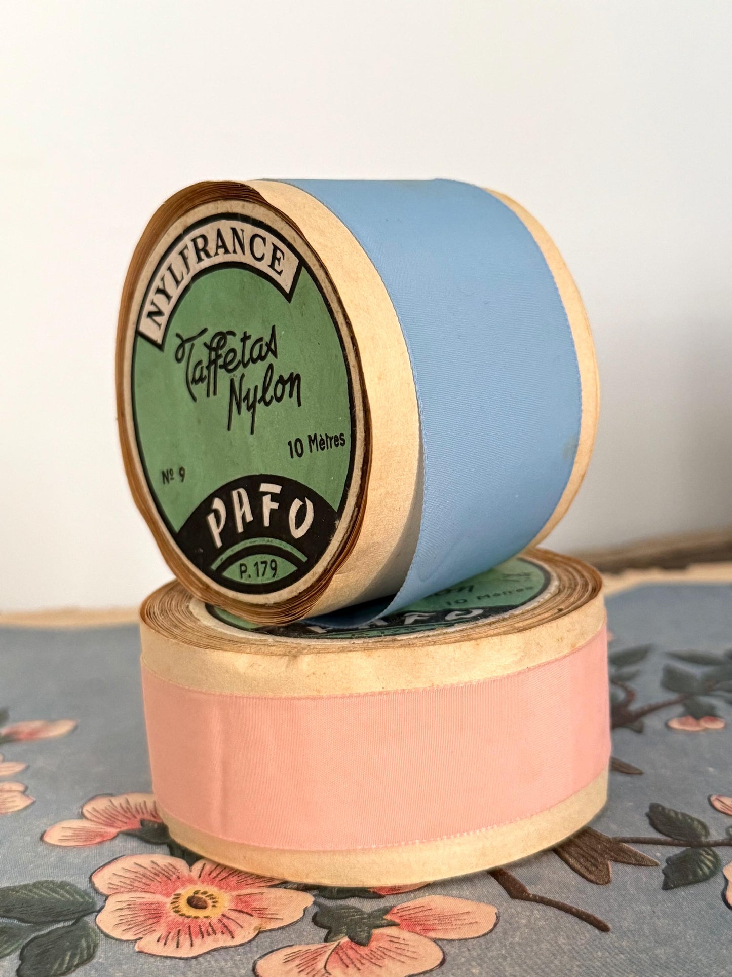 Pair French Vintage Ribbon-Spools, - Crafting, Gift Wrap, New baby