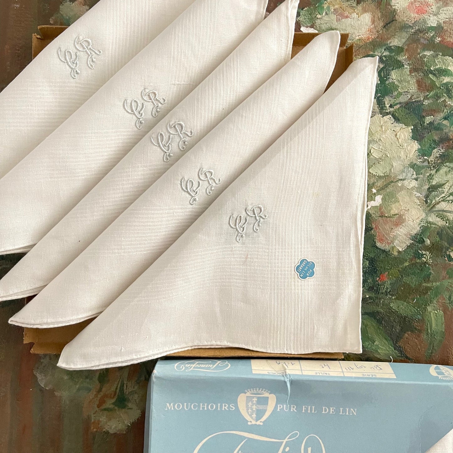 Box 6 French Antique 'FranceFin' Pure Linen Fil Handkerchiefs 'GR' Monogram