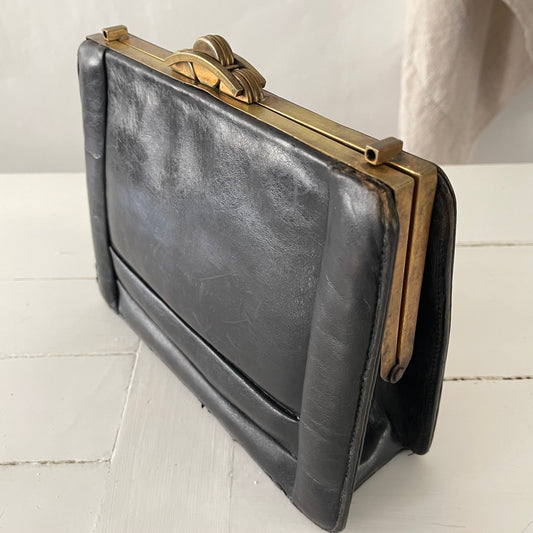20's French Antique Leather Hand Bag / Clutch Bag