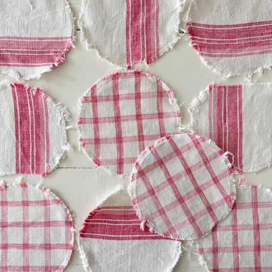 French Antique Linen, Crafting, Faded Rasberry & White Stripe / Check
