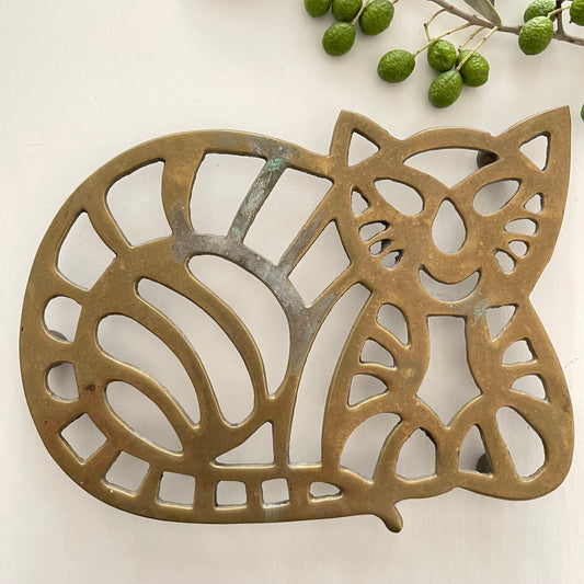 French Vintage Brass Kitty Trivet, Pot Stand