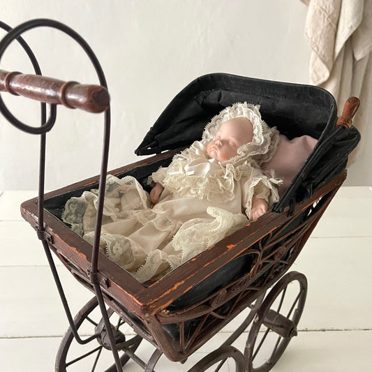 20's French Antique Chariot / Pram & Porcelain Baby Doll