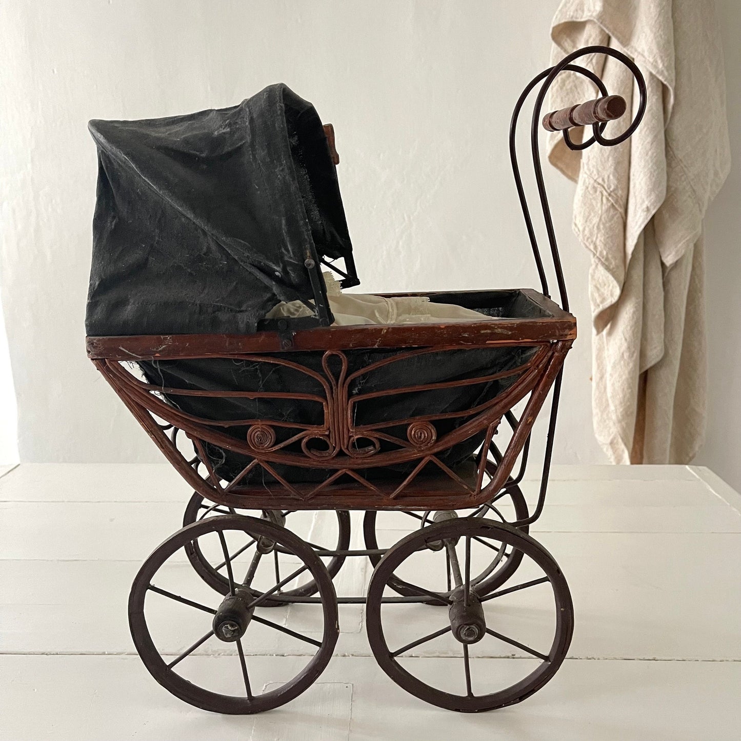 20's French Antique Chariot / Pram & Porcelain Baby Doll
