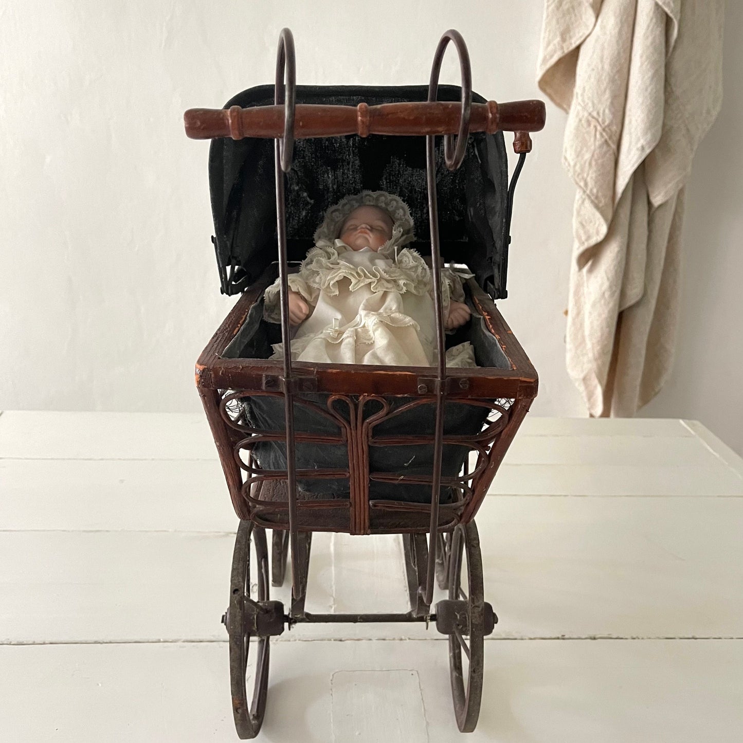 20's French Antique Chariot / Pram & Porcelain Baby Doll