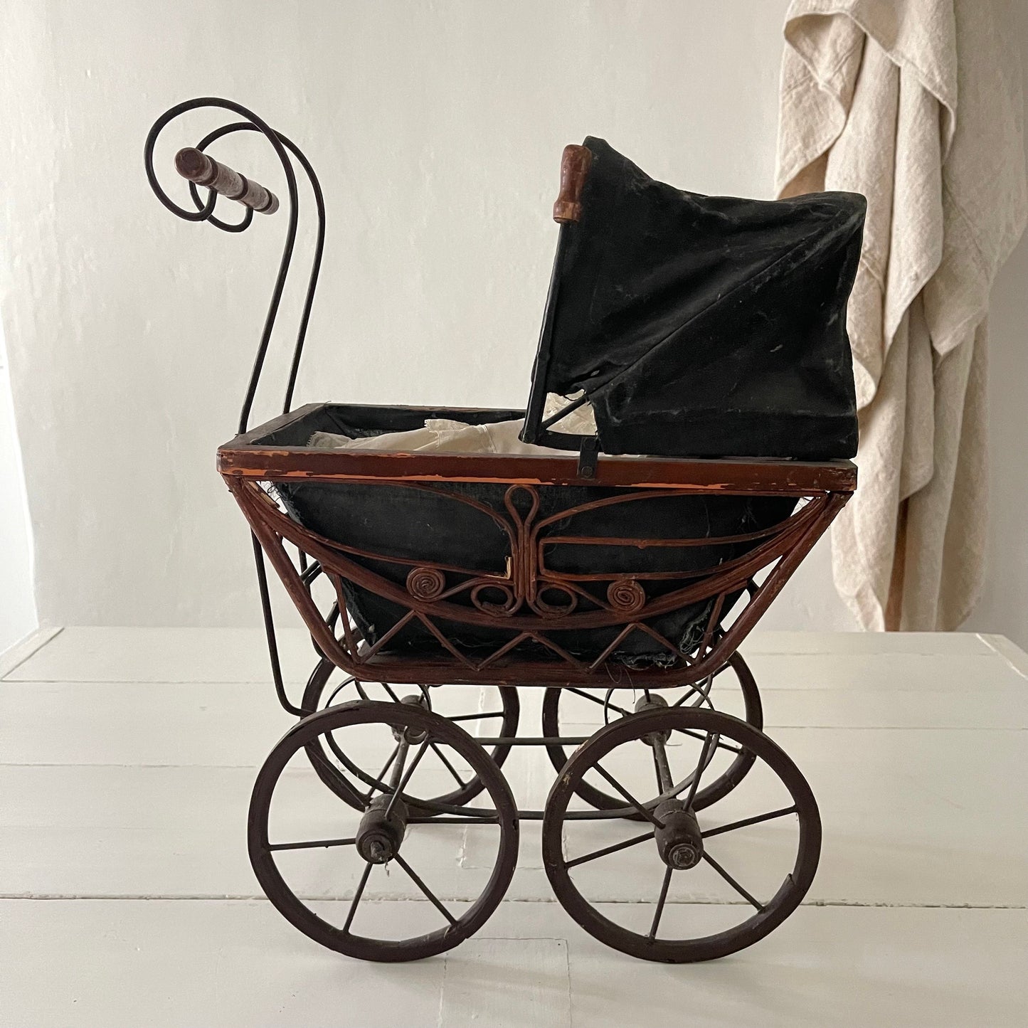 20's French Antique Chariot / Pram & Porcelain Baby Doll
