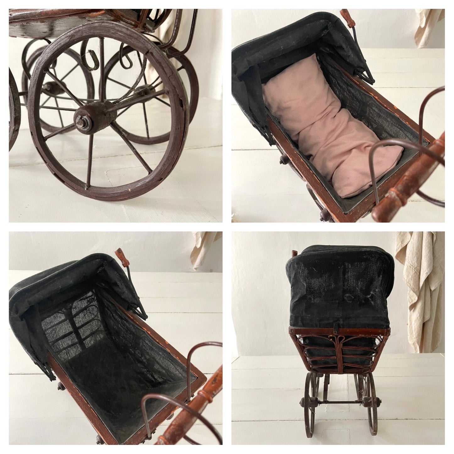 20's French Antique Chariot / Pram & Porcelain Baby Doll