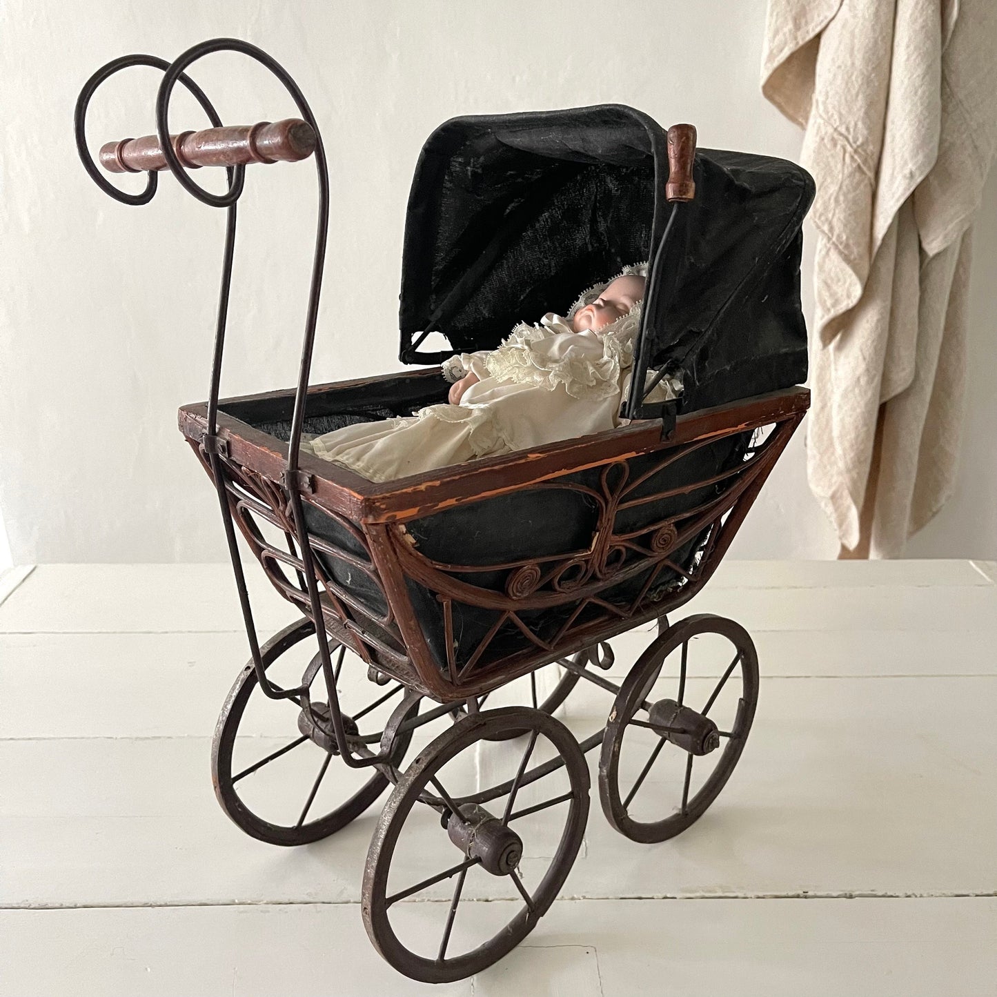 20's French Antique Chariot / Pram & Porcelain Baby Doll