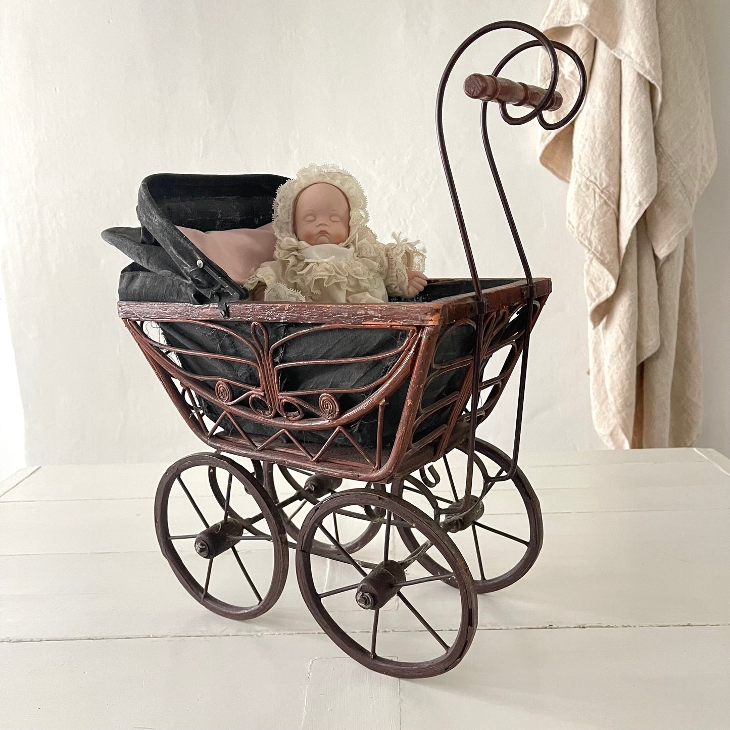 20's French Antique Chariot / Pram & Porcelain Baby Doll