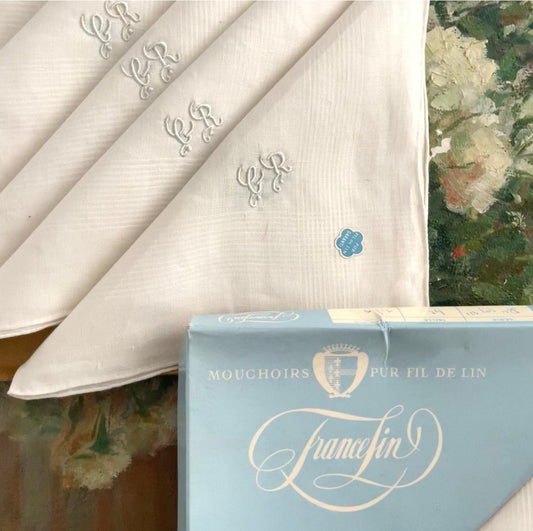 Box 6 French Antique 'FranceFin' Pure Linen Fil Handkerchiefs 'GR' Monogram